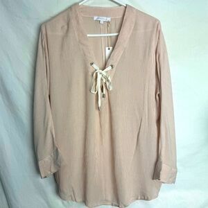 Olivaceous Micro Striped, V-Neck, Tie Lace Front, Long Sleeve Blouse Size M  NWT